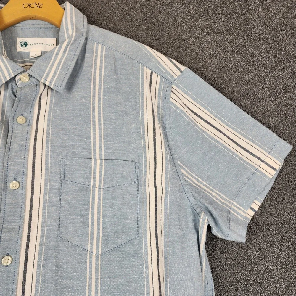 AEROPOSTALE Mens Striped Short Sleeve Button Up‎ Shirt Size L Blue Cotton Hemp